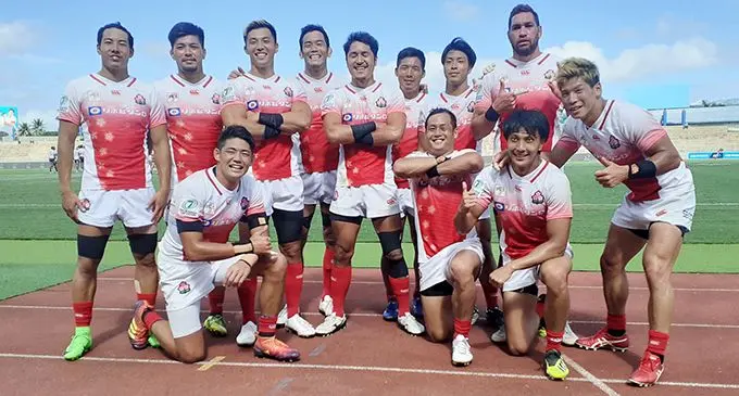 Japan rugby 7s players celebrate their upset 17-14 win over New Zealand during the Oceania 7s Championship at the ANZ Stadium, Suva on November 8, 2019. Photo: Ronald Kumar