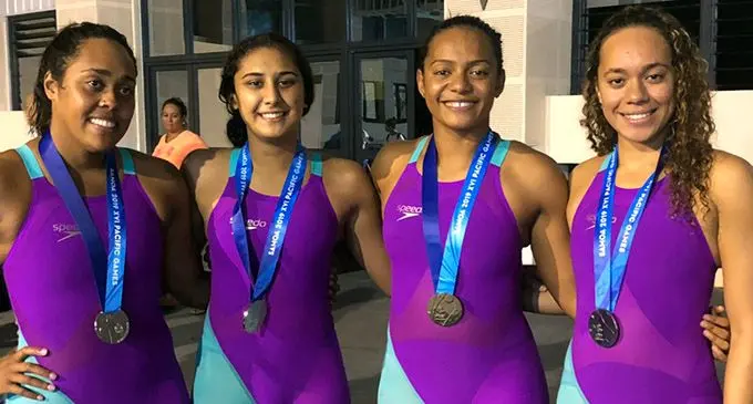 L-R: Pacific Games Women’s 4x 100 medley relay silver medalists Cheyenne Rova, Moana Wind, Matelita Buadromo and Yolani Blake Photo: Rosi Doviverata