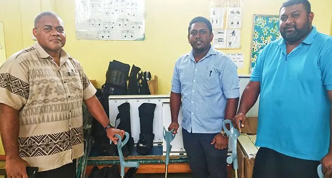 From left: Colonial War Memorial Hospital Specialist Orthopedics surgeon Dr Pauliasi Bauleka, Orthopedics registrar Dr Parneet Harish, and physiotherapist Nishant Singh with the donated equipment at the Colonial War Memorial (CWM) Hospital on August 7, 2019. Photo: Shreeya Verma 