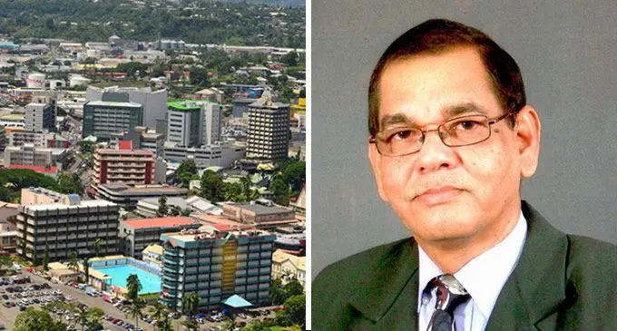 An aerial view of Suva and Vyas Sharma, President of Realtors Association of Fiji.