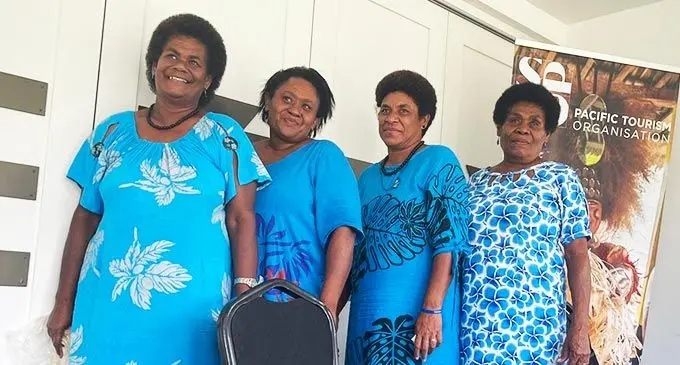 Members of the Galoa women’s group (from left) Wati Drauna, Diama Wainitata, Temalesi Naitura and Udite Taukei with some of the jewellery they created from plastic waste. Photo: Inoke Rabonu