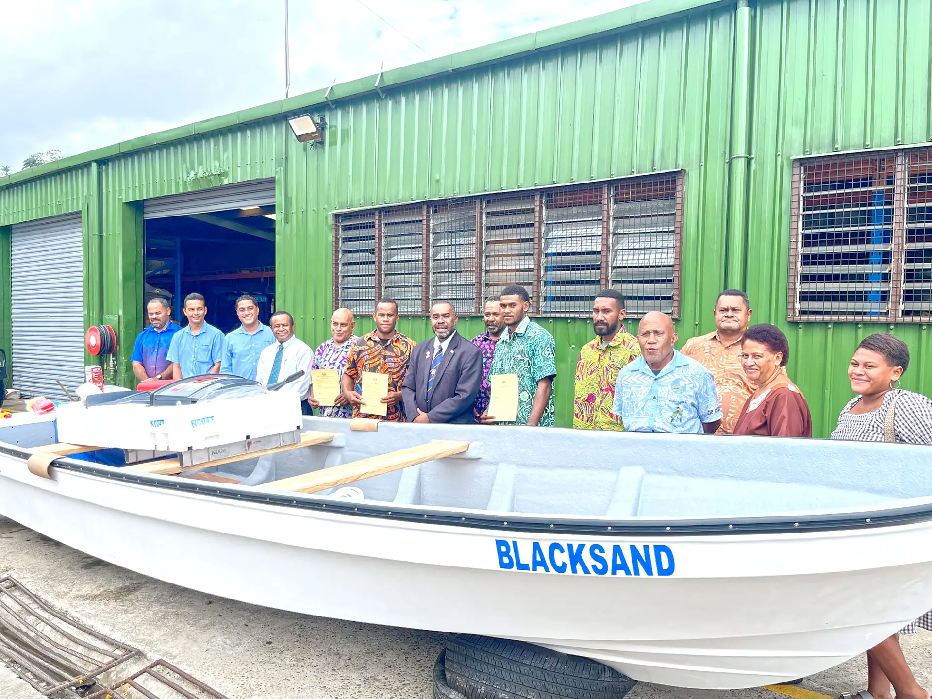 Commissioner Eastern Division, (Bitale Varo), Iliesa Kamunaga, Jorama Duikoro, Minister for Rural and Maritime Development and Disaster Management Mosese Bulitavu with the recipients and staffs during the handover ceremony at the Ministry warehouse, Top yard, Walu Bay in Suva on May 4, 2026.