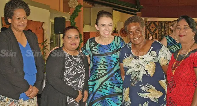 Vanilla farmers from Tailevu Alitiana Yabakiviti (left), Shareen Prasad, Salote Madraitabua(fourth from left) and Angela Prasad (far right), with New Zealand Prime Minister Zealand Jacinda Ardern at the Fiji Museum in Suva on July 13, 2022. Photo: Ronald Kumar