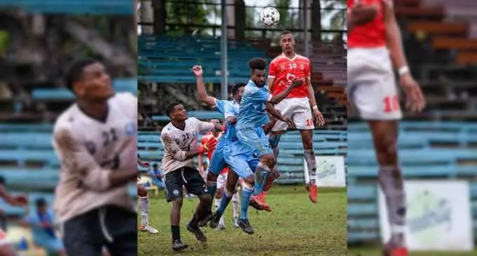 Glamada Rewa midfielder Gabrieli Matanisiga heads the ball as he is challenged by the Tailevu/ Naitasiri defenders during their Digicel Premier League clash at Ratu Cakobau Park, Nausori, on July 10, 2022. Photo: Leon Lord.
