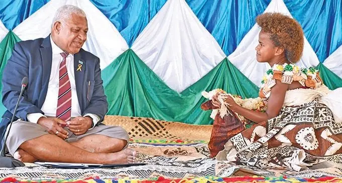 Prime Minister Voreqe Bainimarama greeted at the Tailevu Provincial Council meeting on November 26, 2020.   Photo: DEPTFO News.