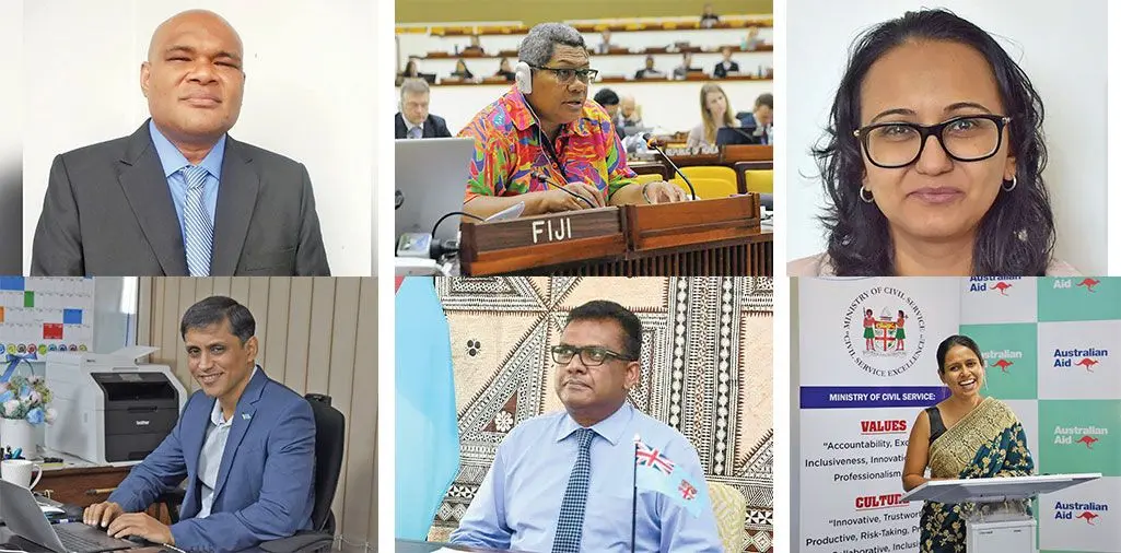 (From Top L-R) PS iTaukei Affairs Pita Tagicakirewa, PS Land and Mineral Resources Raijeli Taga, PS Local Government Seema Sharma, PS Trade, Cooperative, Small and Medium Enterprises and Communications Shaheen Ali, PS Multi-Ethnic Affairs and Sugar Industry Yogesh Karan and Secretary to Cabinet Susan Kiran.