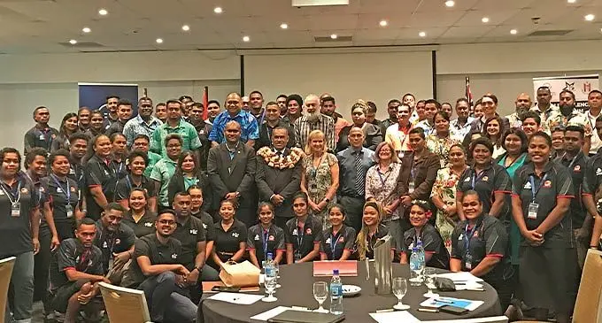 Centre with garland:Permanent Secretary Ministry of Youth & Sports Rovereto Nayacalevu, Fiji National University Professor Lyn Karstadt Vice Chancellor and participants at the 26th National and Innovation conference .