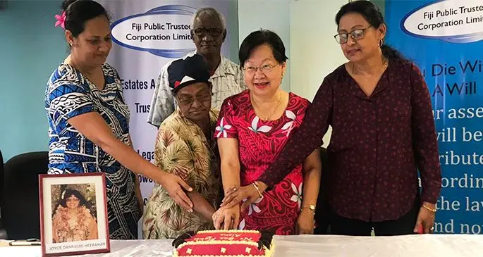 From left: Fiji Cancer Society chief executive officer Belinda Chan, cancer survivor Teresia Masi and husband Robert Masi, Lorraine Seeto and Sunita Reddy of Fiji Care at the Fiji Cancer Society cheque donation event.