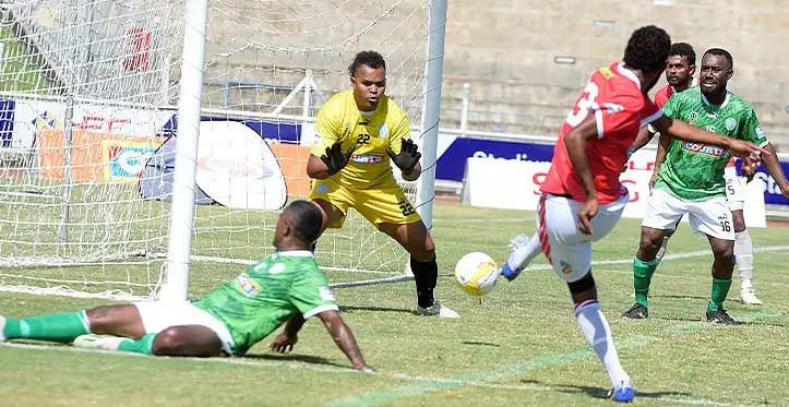 Goal....... Rewa's striker Epeli Valevou (13) slams the ball past Nadi goalkeeper Vereti Dickinson in their Group B opener of the Courts Inter-District Championship at the HFC Stadium in Suva on October 10, 2023. Photo: Ronald Kumar