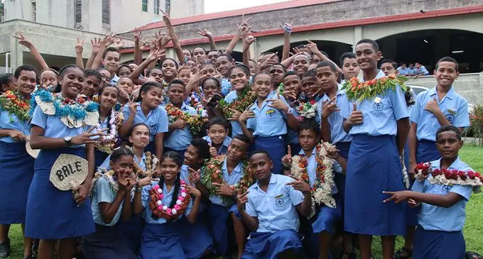 Upfront: Holy Trinity Anglican School head girl, Venilove Raguru and head boy, Samuela Waqaniburotukula and members of the student council following their badging ceremony at Anglican Church, Suva on March 2, 2023. Photo: Jone Salusalu