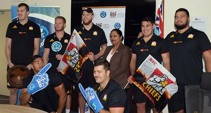 Minister for Trade and Tourism Premila Kumar with Gallagher Chiefs players on May 30,2019.  Photo: Ronald Kumar