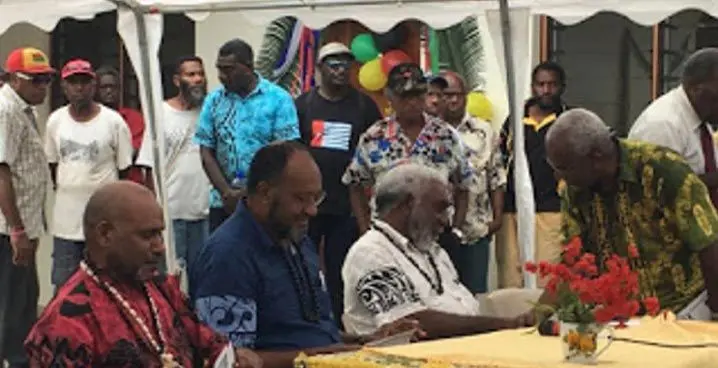 (From left:) United Liberation Movement for West Papua chairman Benny Wenda, Vanuatu prime minister Charlot Salwai and deputy prime minister Joe Natuman, as well as ULMWP deputy chairman Octo Mote at the Movement’s summit in Port Vila, 1 December 2017. Photo: RNZ Pacific