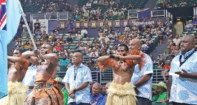 The Minister for iTaukei Affairs Ifereimi Vasu, back row, second from right, at the opening of the Pacific Arts and Culture Festival in Hawaii. Photo: Wati Talebula-Nuku