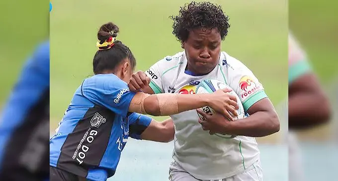 Rooster Chicken Fijiana Drua prop turn flanker Karalaini Naisewa on attack against Force in their Super W clash at Leichhardt Oval in Sydney, Australia, on March 19, 2022. Photo: rugby.com.au