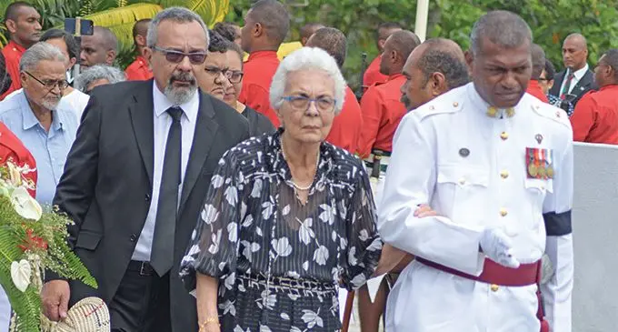 Lydia Manueli (middle) at the funeral service of her late husband and first local RFMF Commander Colonel Paul Manueli on March 1, 2019. Photo: Ronald Kumar 