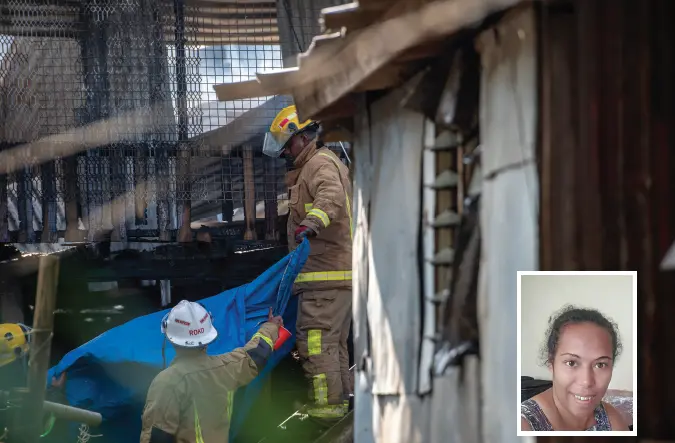 Fire fighters clearing debris from the house that caught fire at Veiquwawa settlement in Raiwaqa on March 16, 2025, (insert), the late Miriama Radinikuva. Photo: Leon Lord