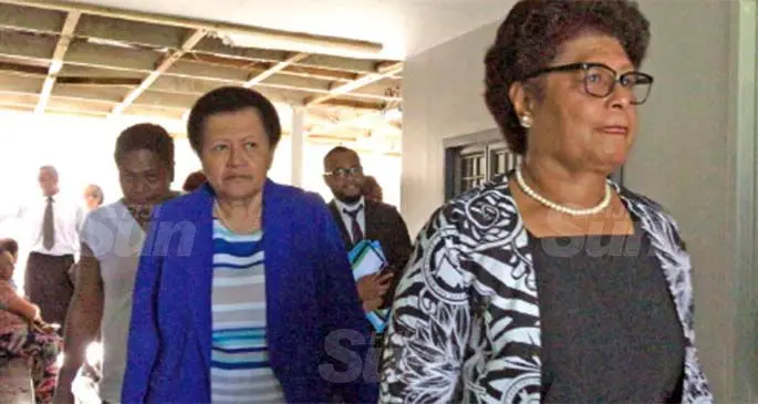 SODELPA MPs Adi Litia Qionibaravi (in blue) and Salote Salote Radrodro (right) outside the Suva Courthouse on January 25, 2021. Photo: Ashna Kumar
