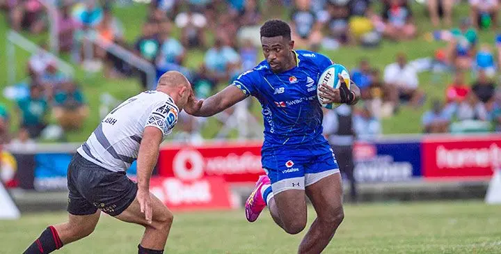 Swire Shipping Fijian Drua utility-back Vuate Karawalevu leads the attack agaisnt Crusaders at the HFC Bank Stadium last weekend. Photos: Leon Lord