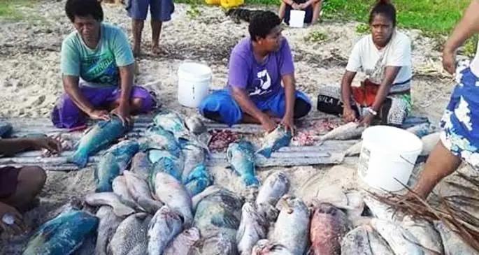 Villagers of Nayau with their catch.