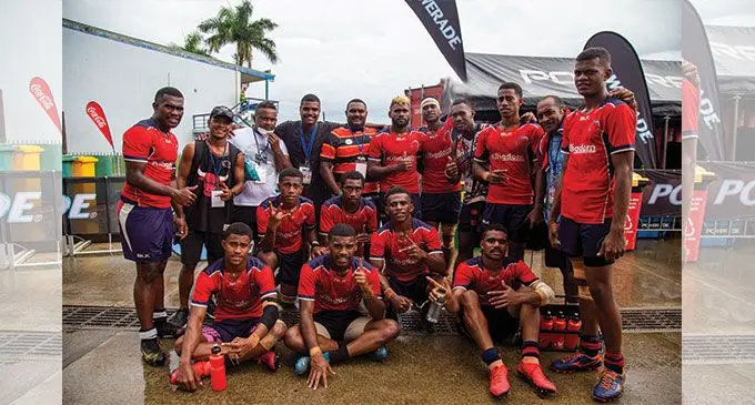 The Fiji Bitter Service Labasa U21 side after their first pool game at the 46th Fiji Bitter Marist 7s tournament at the ANZ National stadium in Suva on March 24, 2022. Photo: Leon Lord.