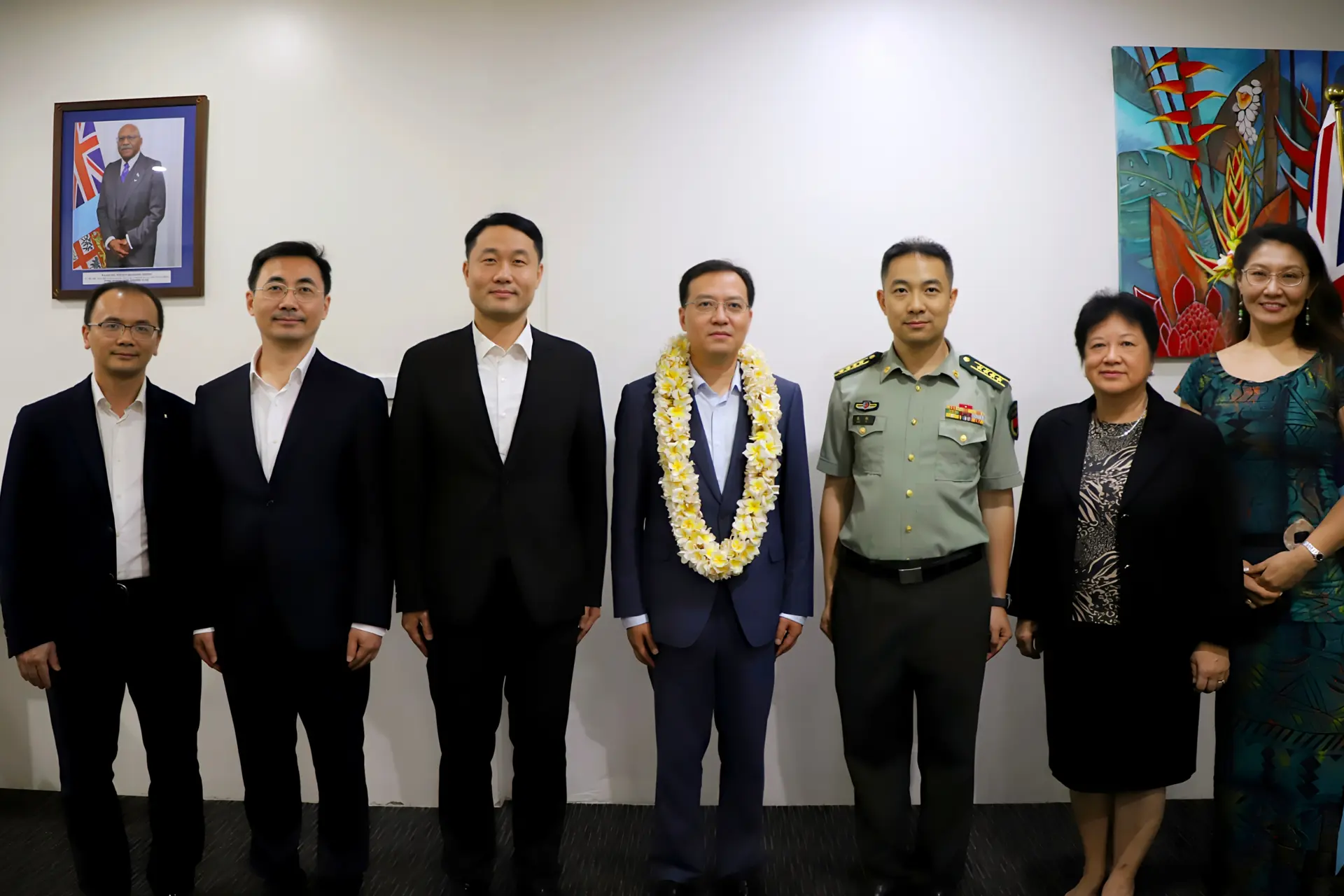 China's new ambassador-designate to Fiji Chen Haiping (fourth from left in garland) during his welcome reception.