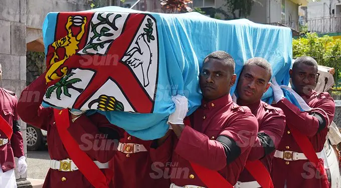 Fiji Correction servicers officers carry the casket of their late Principal Corrections officer and former National 7's player, Lemeki Koroi during the funeral service at Centenary Methodist Church on September 16, 2020. Photo: Ronald Kumar.
