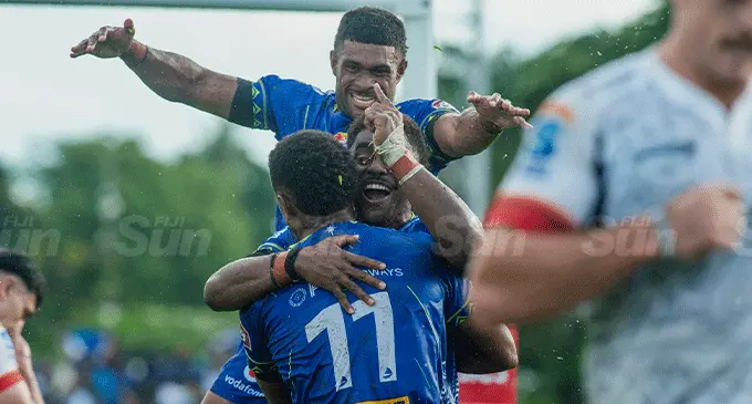 The Swire Shipping Drua celebrate win. PHOTO: Leon Lord