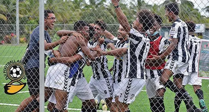 Dreketi football players celebrate a goal at the Uprising Sports Centre in Pacific Habour, Deuba. Photo: Fiji FA Media