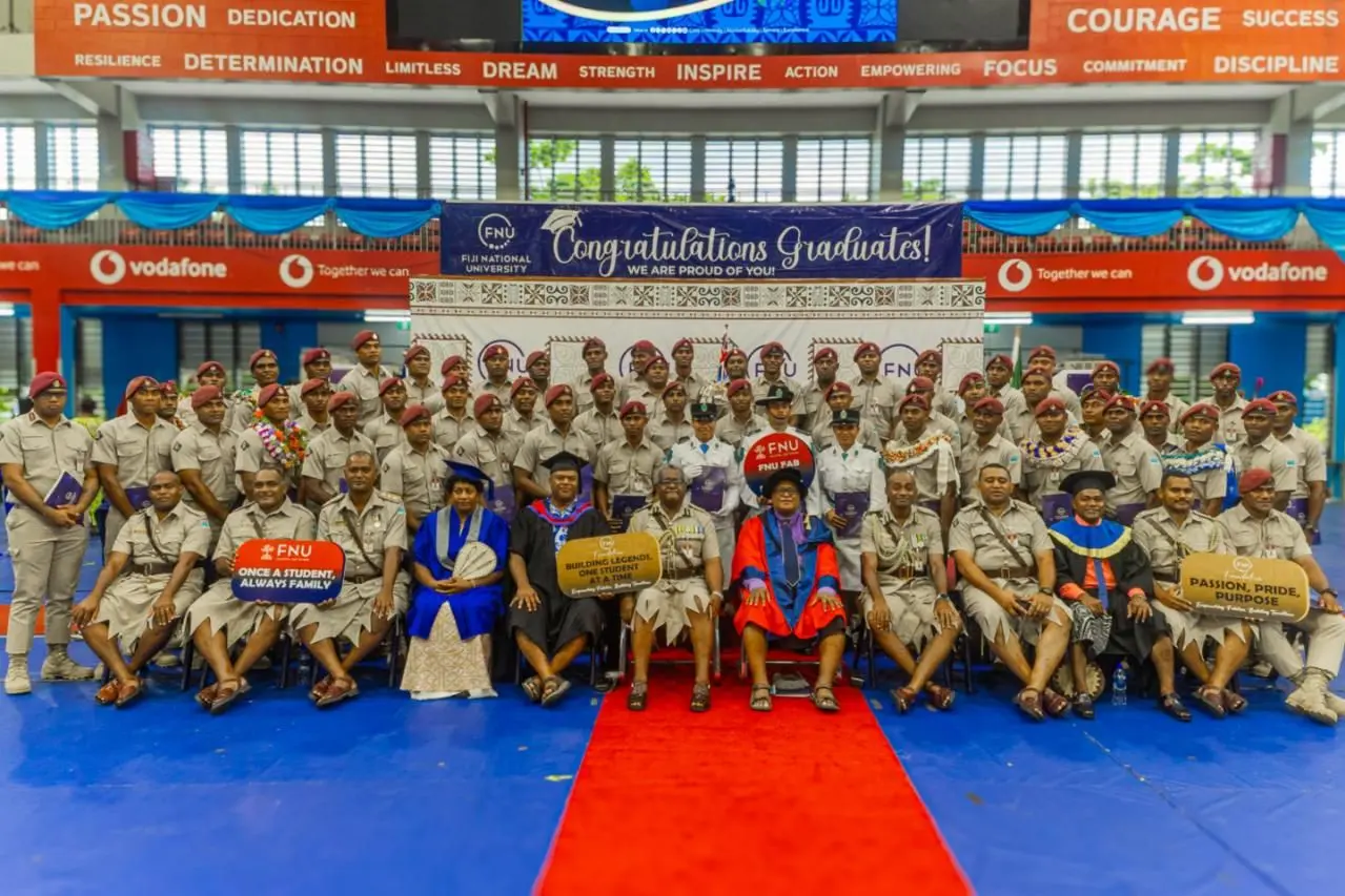 Fiji Correction service Acting Commissioner, Auta Moceisuva with graduates at the Vodafone Arena in Laucala on December 9,2025.