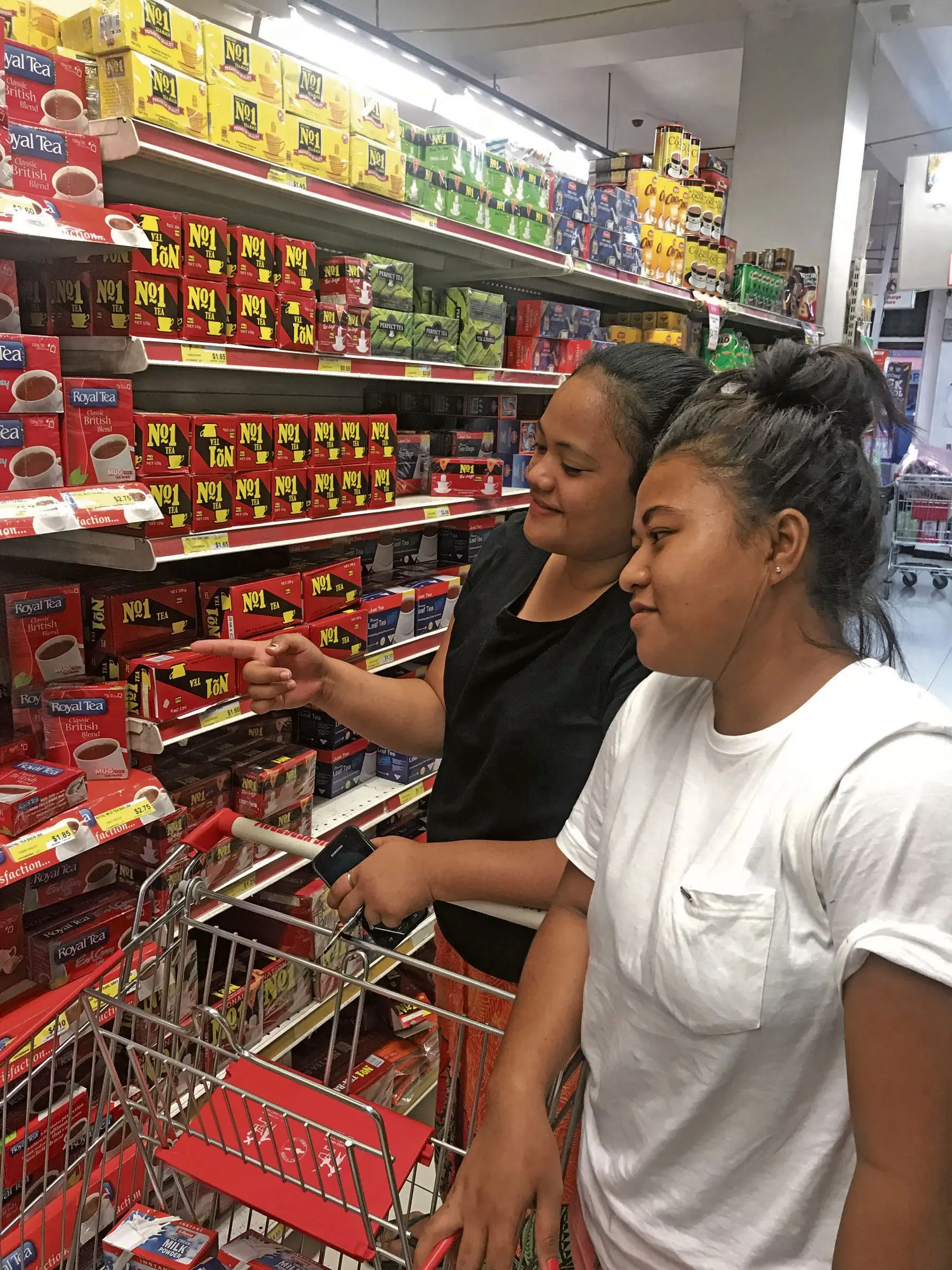 Best friends Leilua Afatia, left, and Rachael Reti checking out tea varieties at Max-Val-U supermarket, Flagstaff, Suva on February 22, 2018. Photos: Joseva Veibataki