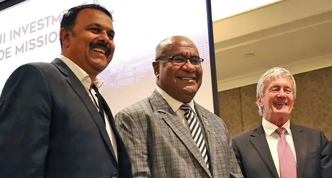 Minister for Trade Manoa Kamikamica (middle) in Auckland with the New Zealand Fiji Business Council president Chander Sen (left), and New Zealand Minister for Trade and Export Growth Damien O’Connor during the 2023 Fiji Investment and Trade Mission to New Zealand on March 20, 2023.