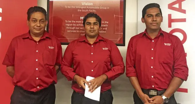 From Left: Asco Motors National Fixed Operations Manager Sanjeet Kumar, chief executive officer Craig Sims and Company Financial Controller Ronald Kumar.  Photo: Sheldon Chanel 