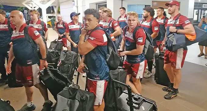 Queensland Reds players arriving at Nadi International Airport on May 15, 2024. Photo: Mereleki Nai