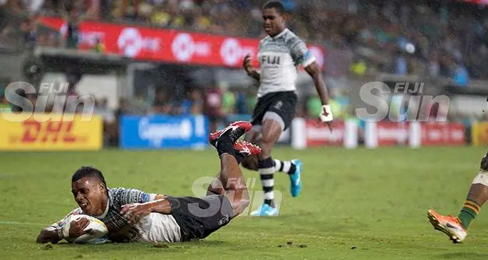 BOLACA DELIVERS... Fiji Airways Fijian 7s playmaker Napolioni Bolaca dives over to score his second try in the Cup final of the Sydney Sevens at the Bankwest Stadium in Parramatta, Australia on February 2, 2020. Bolaca scored all of Fiji’s points as they beat South Africa 12-10. The Cup final was delayed by more than 30 minutes due to lightning and thunderstorms Photo: Bruce Southwick/ZoomFiji