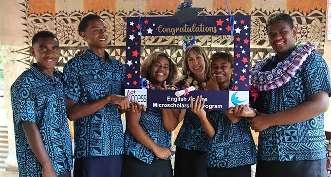 U.S. Embassy’s Regional Public Affairs Officer Stephanie Fitzmaurice with some of the debut graduates of the English Access Microscholarship Programme.