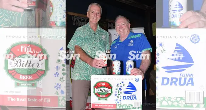 Paradise Beverages General Manager Mike Spencer (left), and Fijian Drua interim chief executive officer Brian Thorburn, with special edition Fijian Drua Fiji bitter commemorative cans following its launch on February 15, 2022. Photo: Ronald Kumar