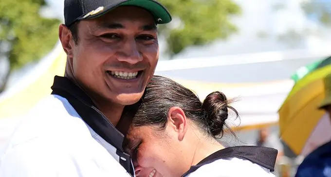 Frederick and Lisa Leota celebrate winning the gold medal at the Pacific Games in Apia, Samoa on July 12, 2019. Photo: Anasilini Natoga