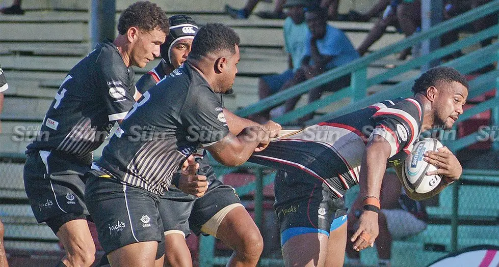  Naitasiri and Swire Shipping Fijian Drua flanker Motikai Murray (with ball) bursts through the Ba during their Skipper Cup clash at Ratu Cakobau Park, Nausori, on April 27, 2024. Murray put an impressive perfor-mance and could force his way back into the Drua squad to face the Brumbies in Canberra, Australia, this Saturday. Photo: Ronald Kumar.