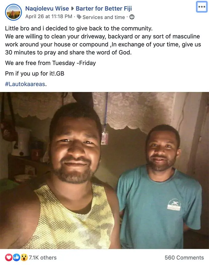 Naqiolevu's post on the Facebook group, Barter for a Better Fiji