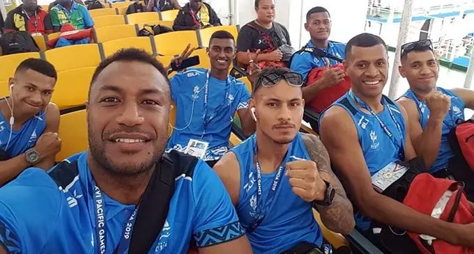The boxing team on the ferry on their way to Savaii.Front: (from left)   Tulele Logavatu (section manager), Jonathan Hill (middleweight), Daniel Whippy (heavyweight),  Winston Hill  (welterweight)Back: Elia Rokobuli (lightweight), Zoheb Ali (flyweight), Jone Mau (light heavyweight). Photo: Rosi Doviverata