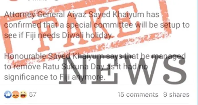 A fake news posting on social media fabricated to look like a post by the Fiji Sun