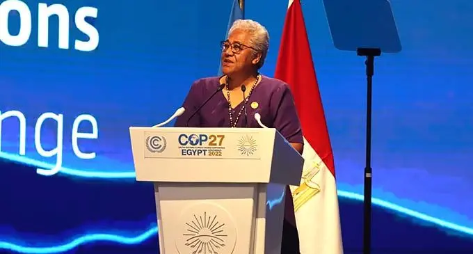 Samoan Prime Minister Fiame Naomi Mata’afa speaks during the COP27 High Level Segment in Sharm El-Sheikh, Egypt.