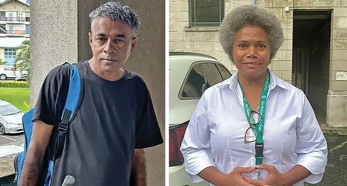Accused person, Kishore Kumar and Assistant Minister for Foreign Affairs, Lenora Qereqeretabua outside the Suva Magistrate’s Court on February 20, 2024. Photo: Beranadeta Nagatalevu