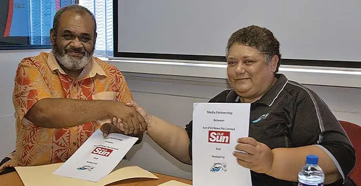 From left: Fiji Sun managing editor sports Leone Cabenatabua and Netball Fiji chief executive officer Vivian Koster after signing the partnership agreement in Suva on March 30, 2023. Photo: Ilai Taka