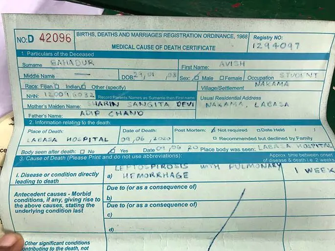 Medical Cause of Death certificate confirming Avish Bahadur died of leptospirosis.