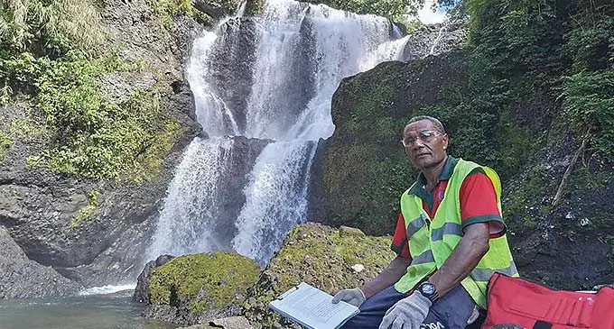 Nasealevu Village headman Salomone Tubou on February 27, 2024, at the main waterfall that provides water supply for Labasa Town. Photo: Jone Salusalu