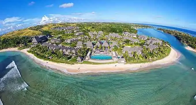 Aerial view of the InterContinental Fiji Golf Resort and Spa along Natadola Bay.