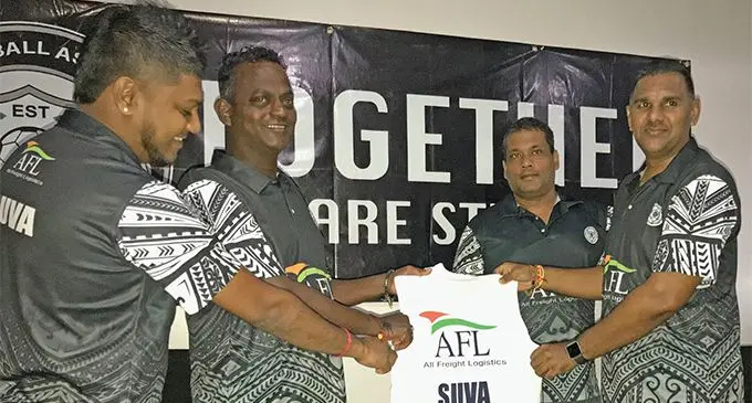 From left: Suva team director Ravneel Narayan, new coach Kamal Swamy, vice-president Sunil Karan and president Ritesh Pratap at Karan’s Kava Limited, Vatuwaqa, Suva on May 25, 2019. Photo: Sheldon Chanel