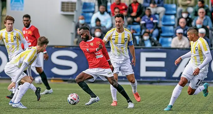 Rewa midfielder Alick Worworbu controls the ball against Auckland City in the OFC Champions League at Ngahue Reserve in Auckland on August 8, 2022. Photo: OFC Media