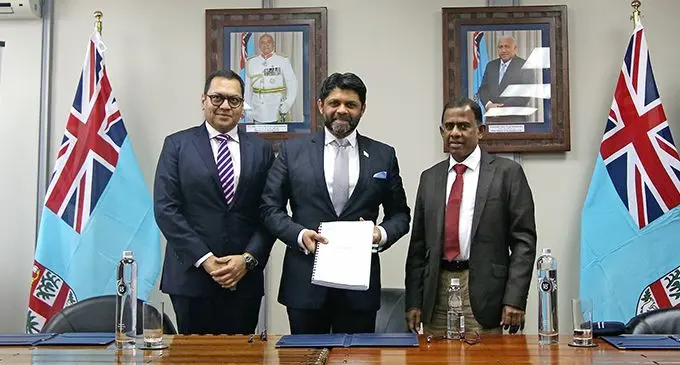 From left: Energy Fiji Limited chairperson Daksesh Patel, Attorney-General Aiyaz Sayed-Khaiyum and Fiji National Provident Fund chairperson Ajith Kodagoda.